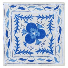 Silk Embroidery Cushion Cover, Uzbek Suzani Lace Pillow in Cream & Blue