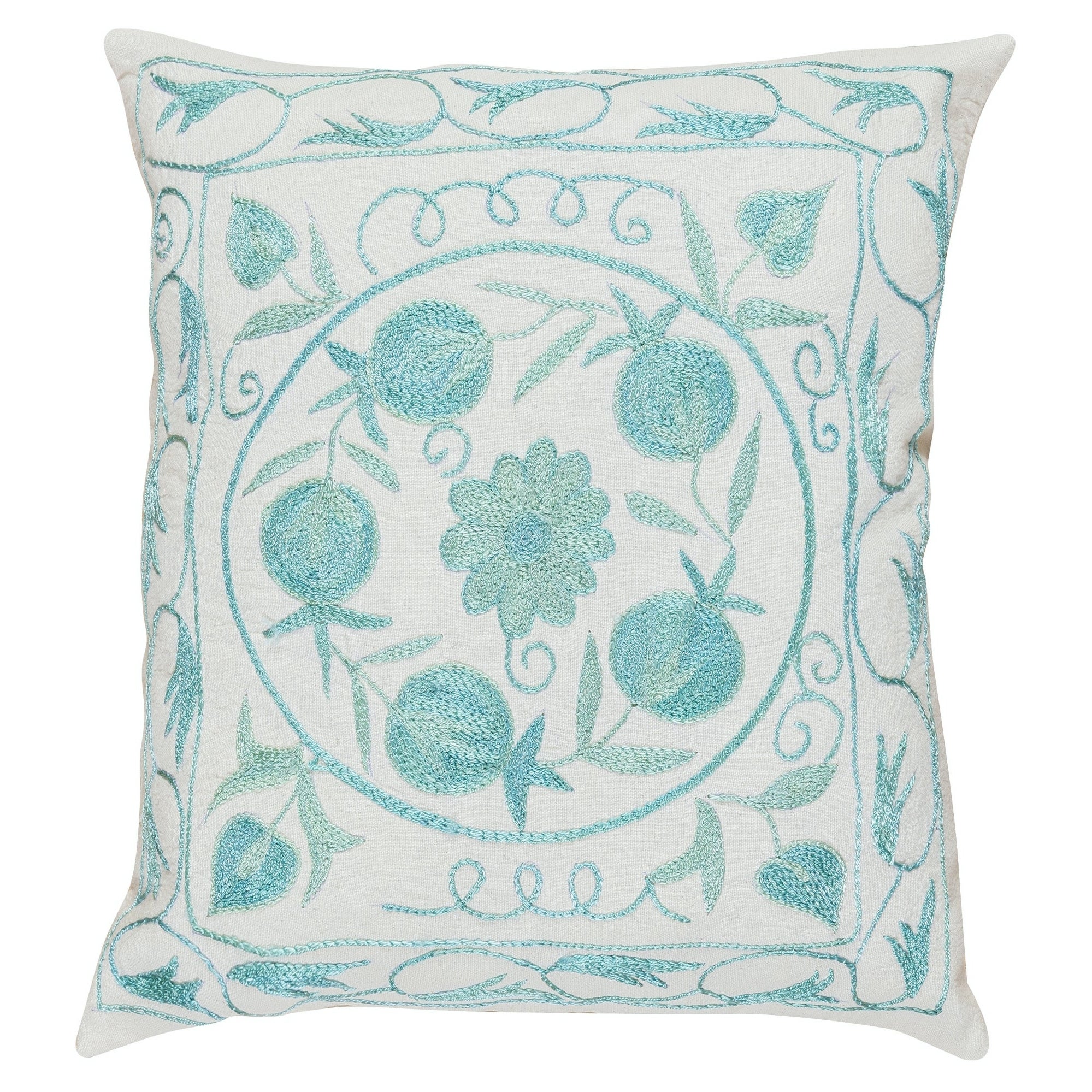 Silk Suzani Hand Embroidery Cushion Cover in Light Teal Blue & Cream. 16"x18"
