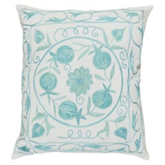 Silk Suzani Hand Embroidery Cushion Cover in Light Teal Blue & Cream