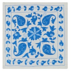 Cream & Light Blue Handmade Suzani Textile Silk Embroidery Cushion Cover