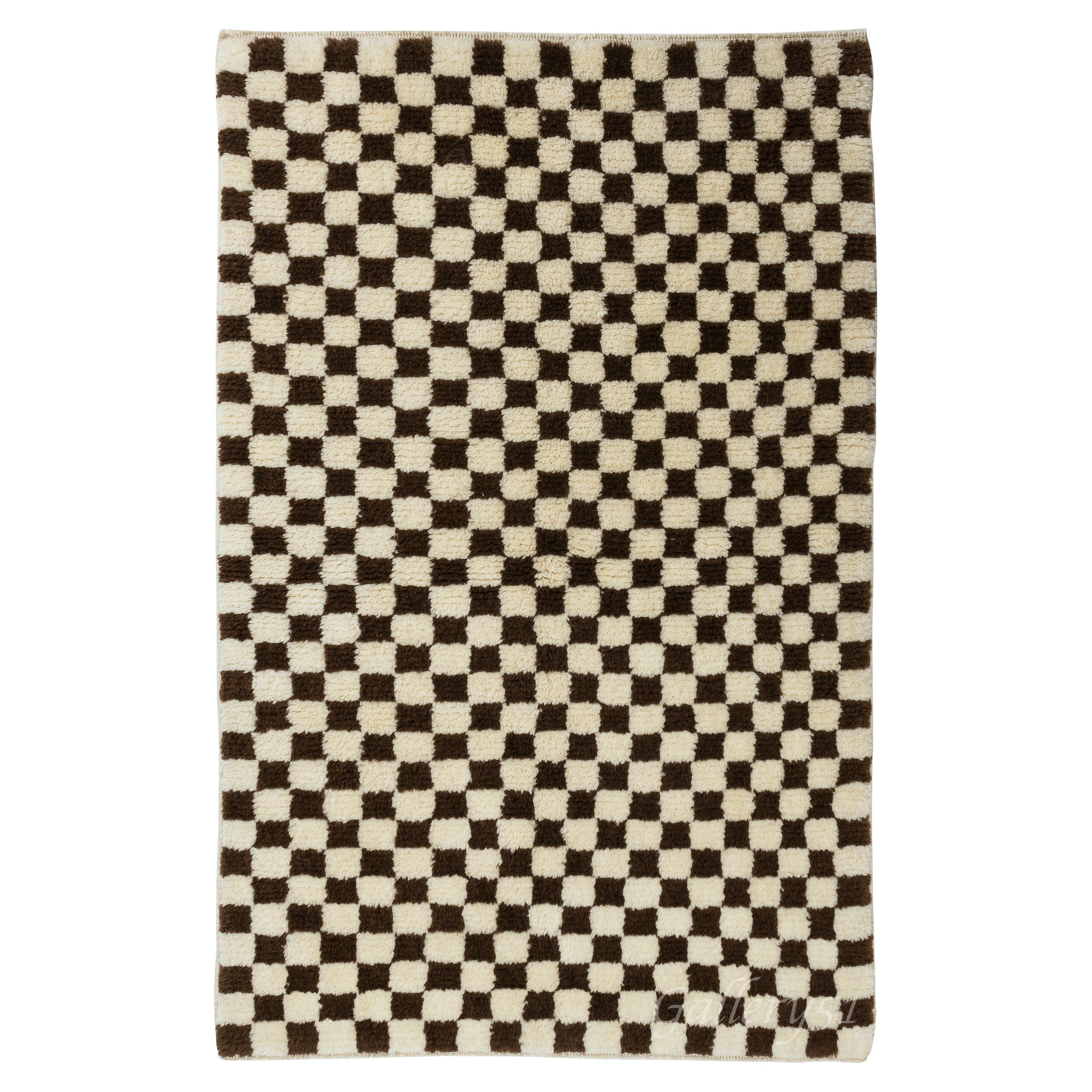 4x6 ft Custom Handmade Tulu Rug, All Wool. New Checkered Design in Brown & Ivory For Sale