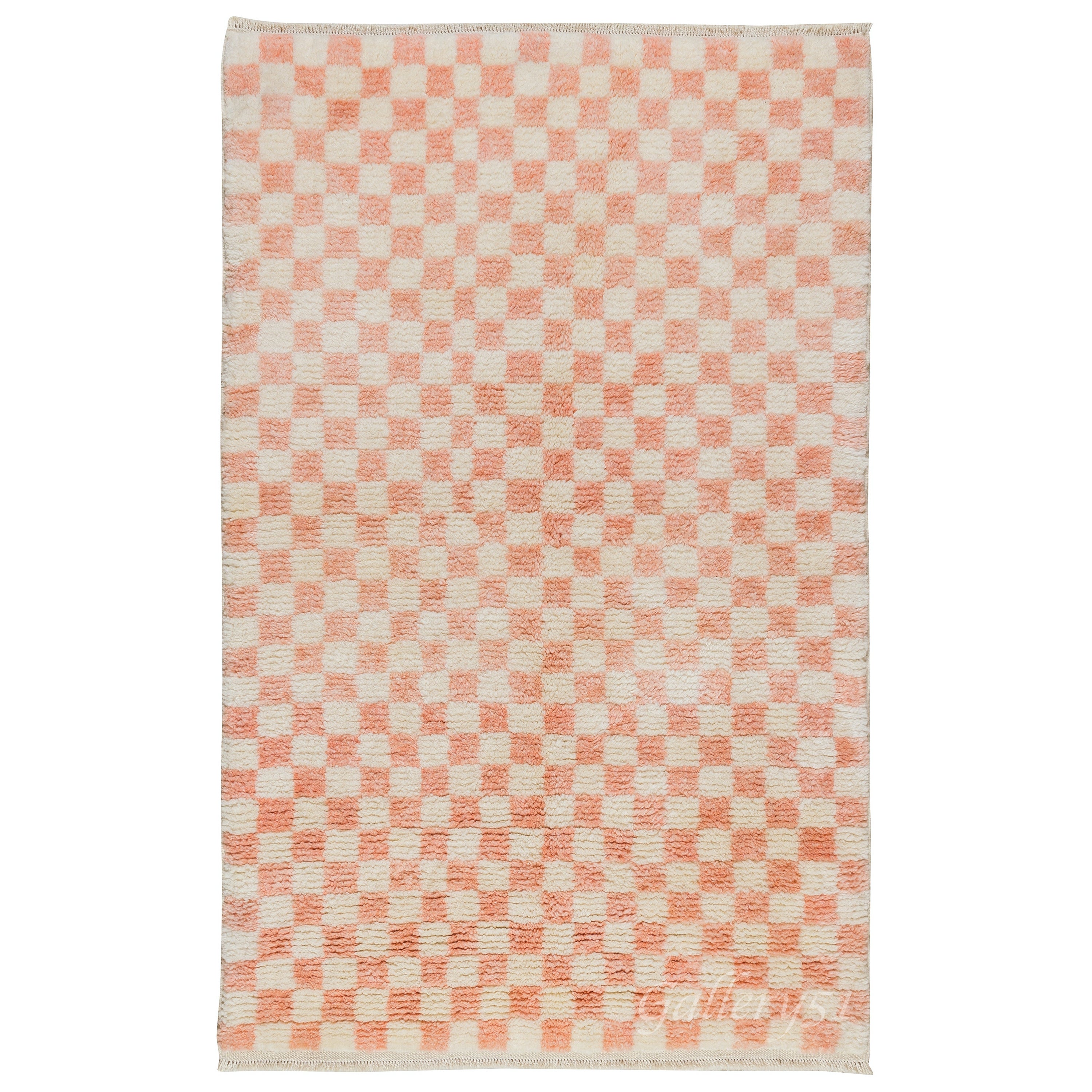 Custom Handmade Checkered Design Tulu Rug in Soft Pink & Beige. 100% Wool For Sale