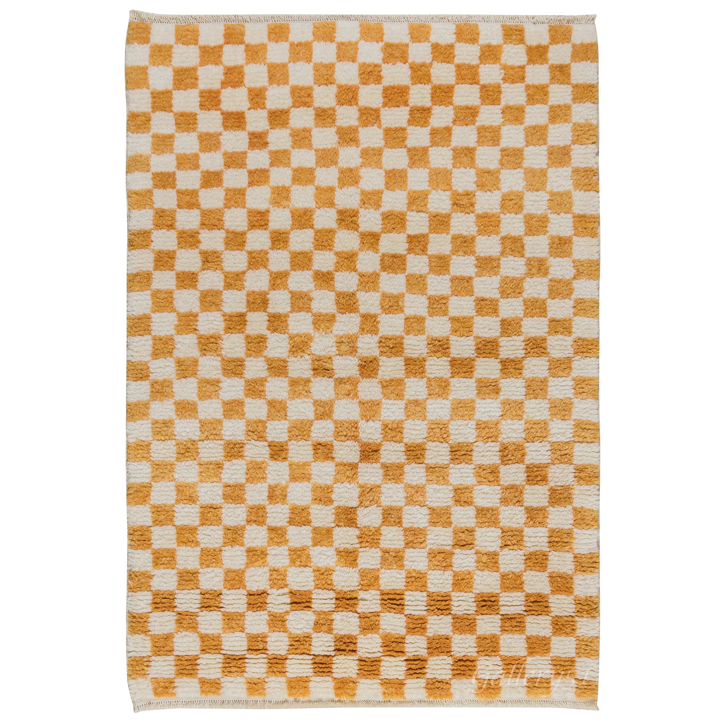 4x6 Ft Custom Handmade Checkered Design "Tulu" Rug in Orange & Beige. All Wool For Sale