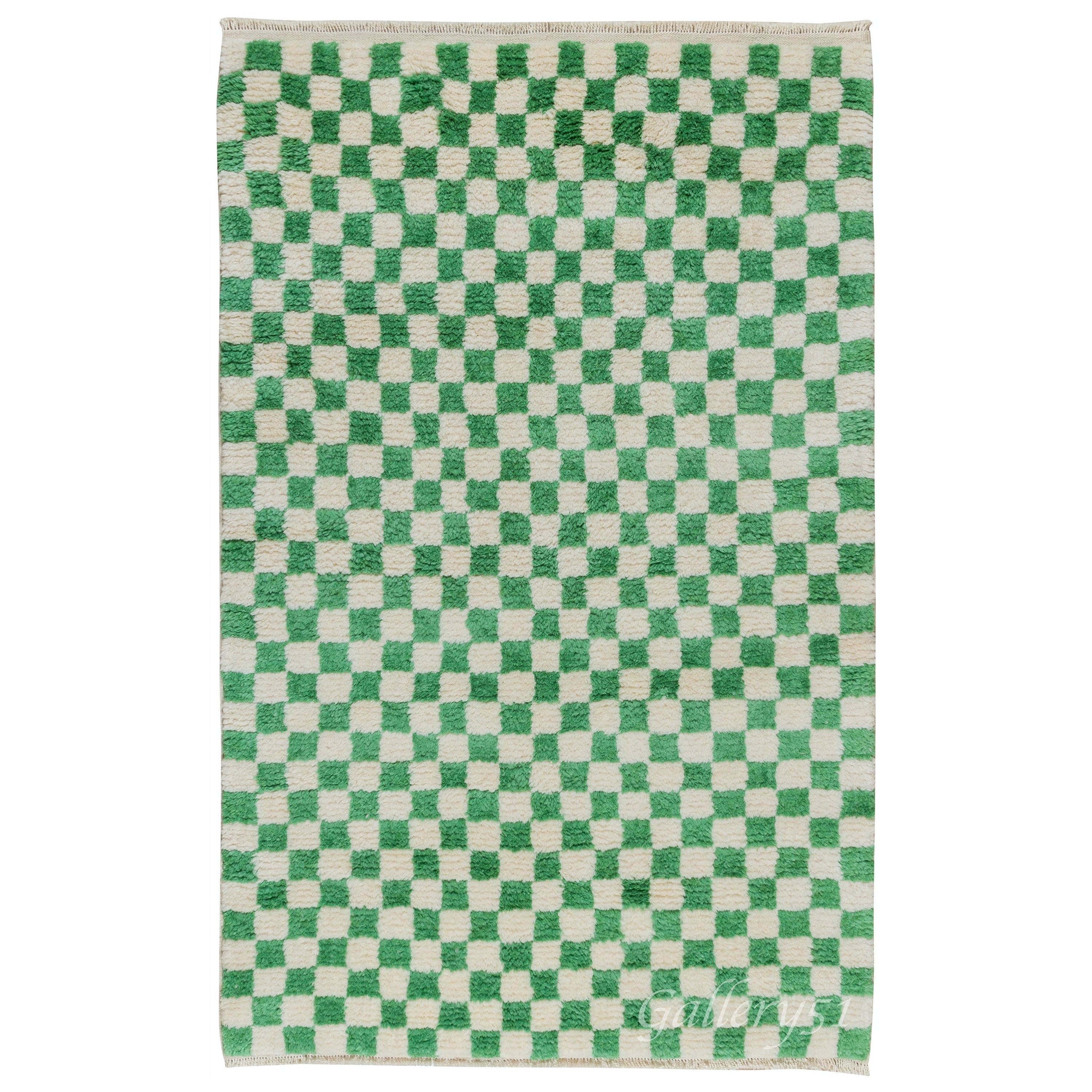 Tappeto "Tulu" personalizzato fatto a mano di 4 metri. Design a scacchi in smeraldo e avorio. Tutta la lana