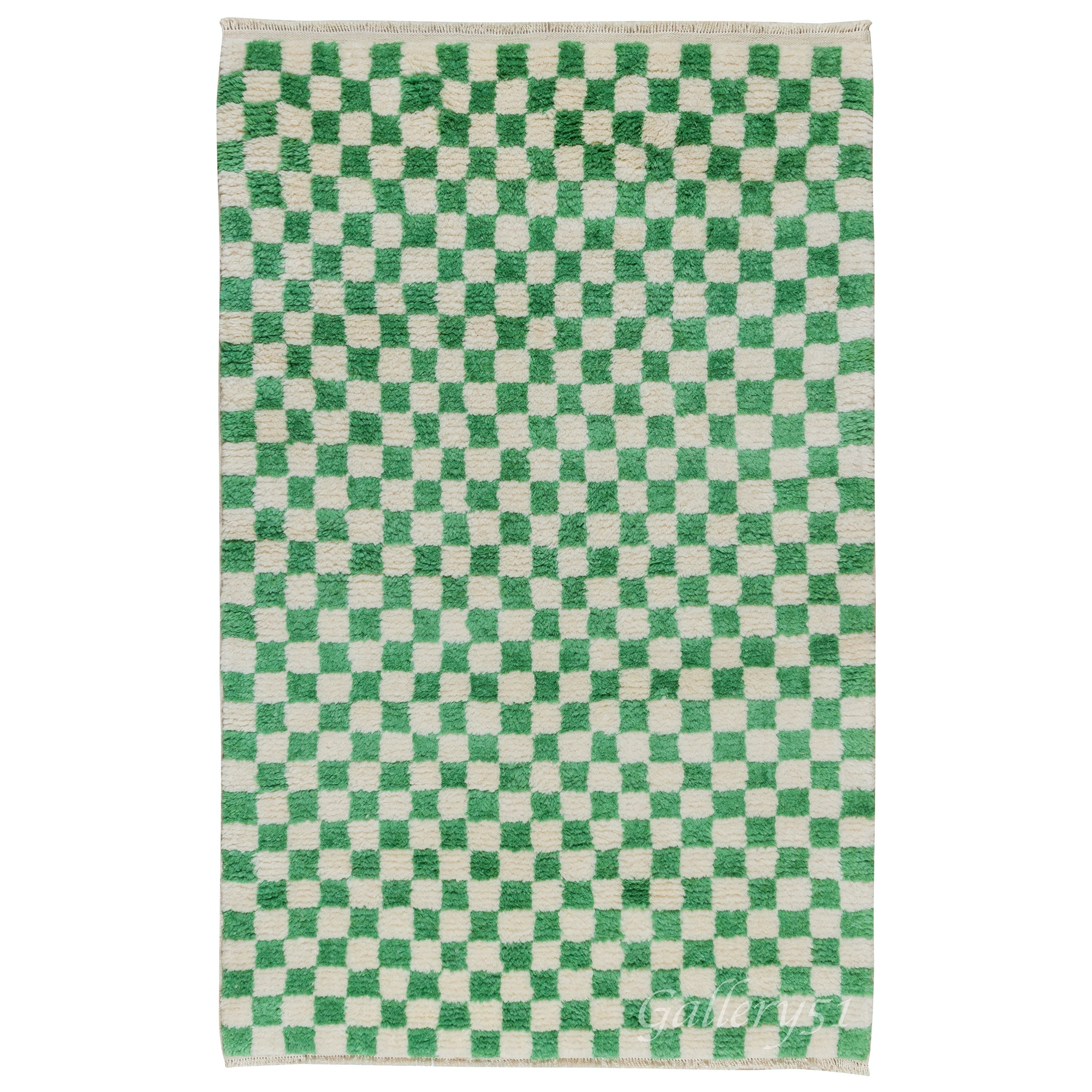 4x6 ft Custom Handmade "Tulu" Rug. Checkered Design in Emerald, Ivory. All Wool For Sale