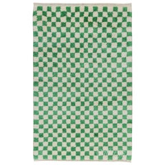 4x6 ft Custom Handmade "Tulu" Rug. Checkered Design in Emerald, Ivory. All Wool