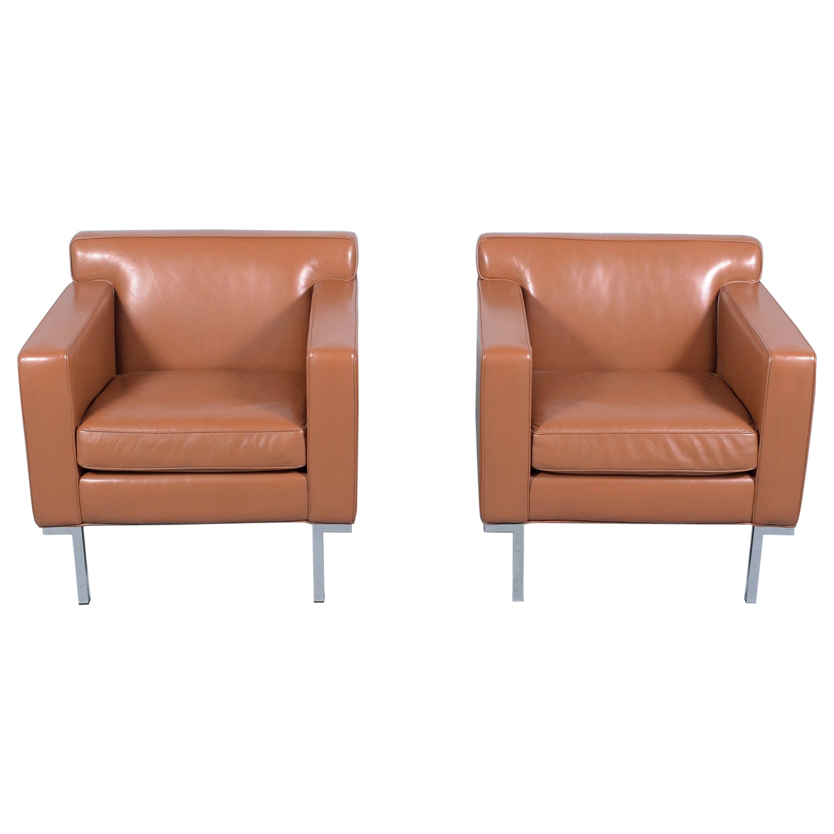 Pair of 1980s Vintage Cognac Leather Modern Club Chairs