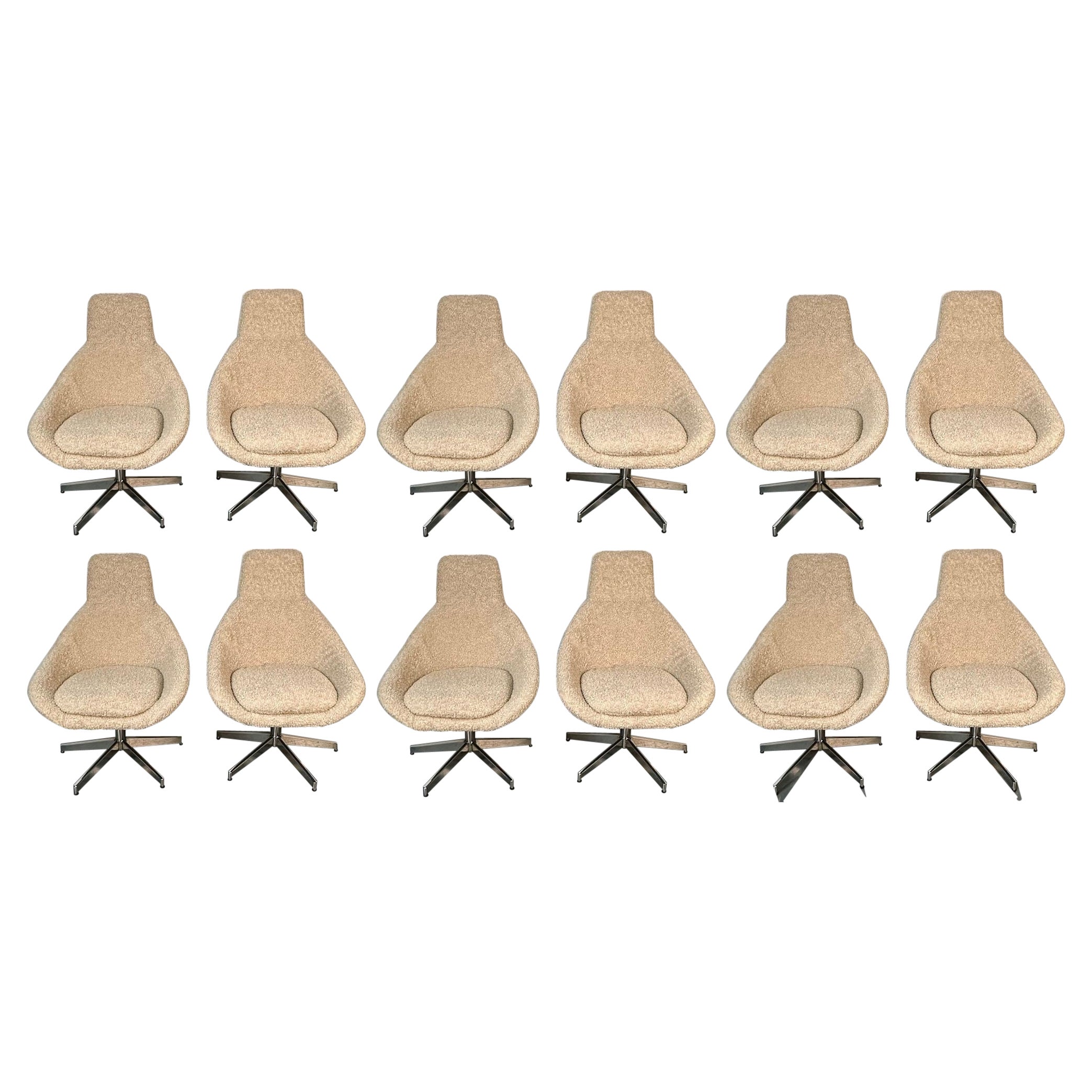 Set of 12 Mid-Century Modern Office / Swivel / Dining Chairs, White Bouclé