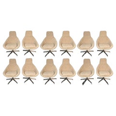 Used Set of 12 Mid-Century Modern Office / Swivel / Dining Chairs, White Bouclé