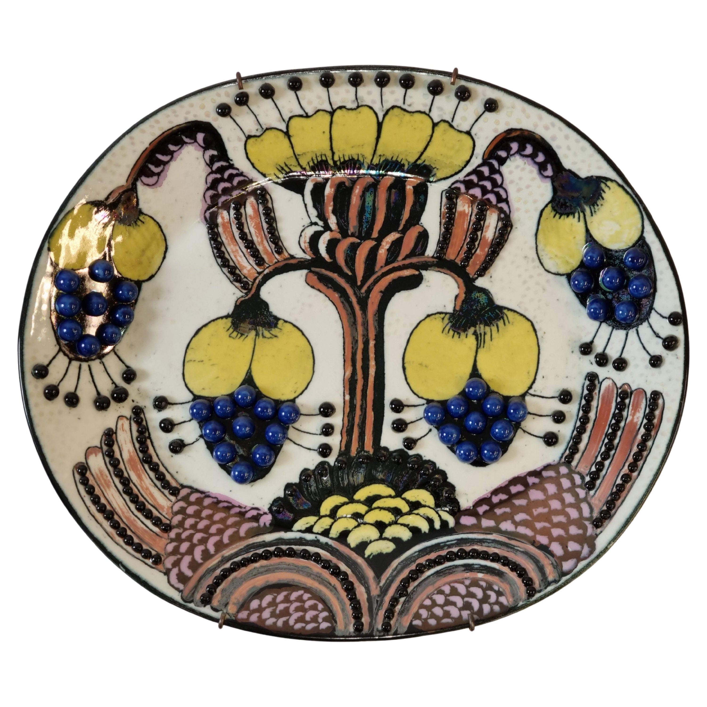 Unique Birger Kaipiainen Decorative Plate in Yellow Blue, & Beeds, Arabia 1970s
