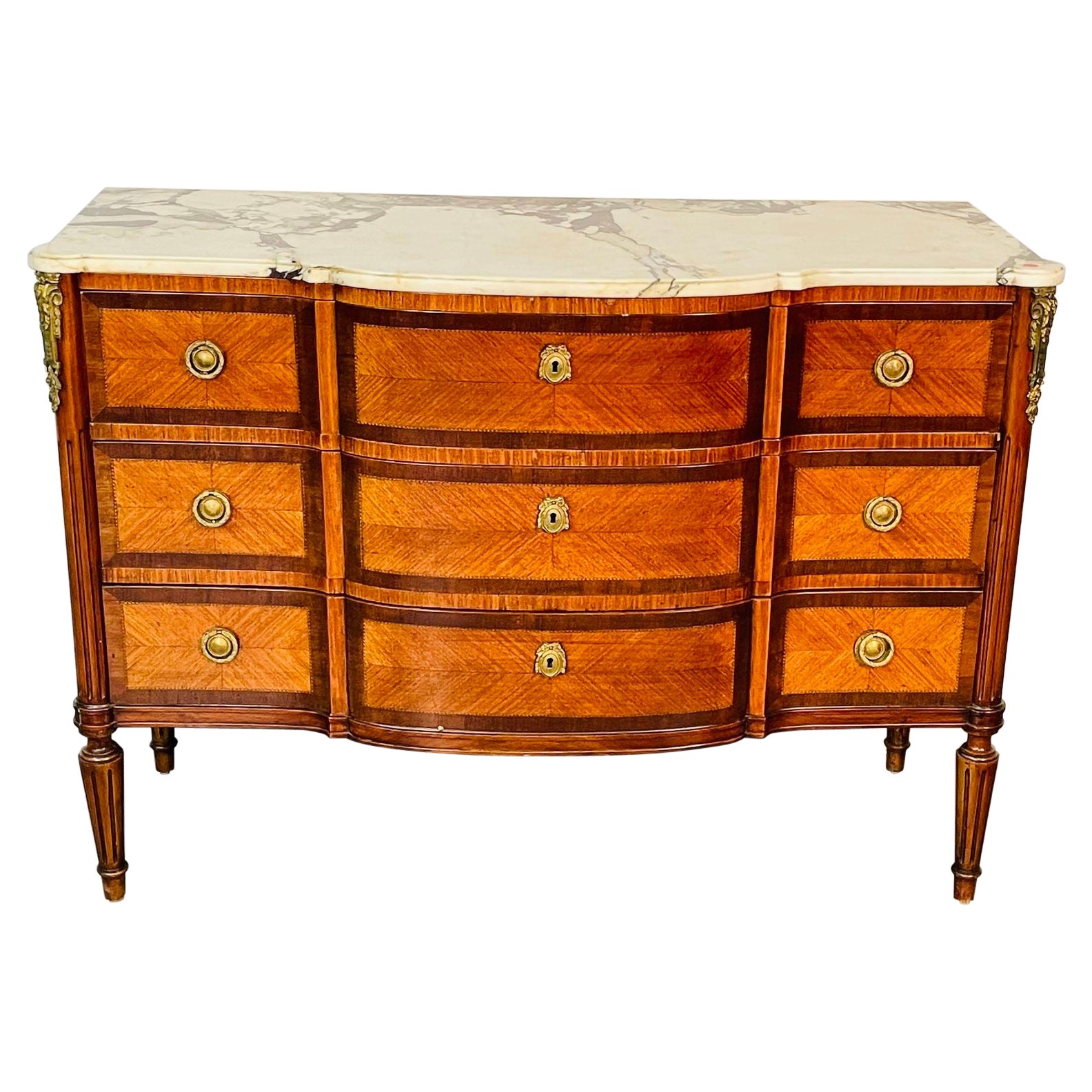 French Louis XVI Bow Front Commode, Chest, Dresser, Marble Top, Bronze Mounted