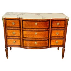 Antique French Louis XVI Bow Front Commode, Chest, Dresser, Marble Top, Bronze Mounted