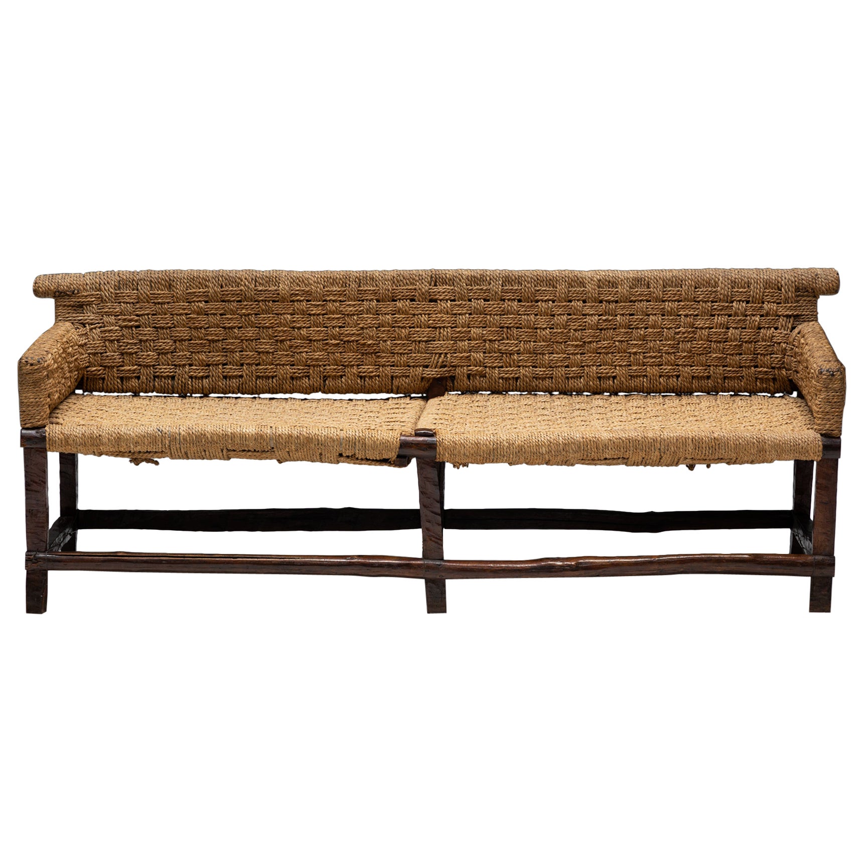 Naive Folk Art Bench with Woven Seating, 1920s