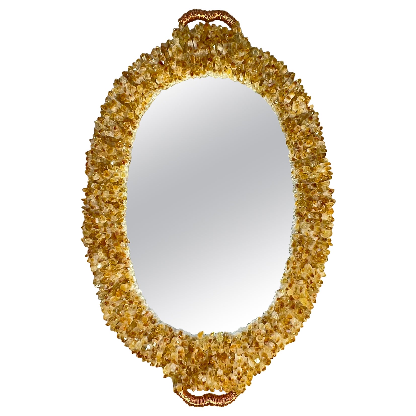 One of a Kind Oval Citrine Crystal Quartz Wall Mirror For Sale