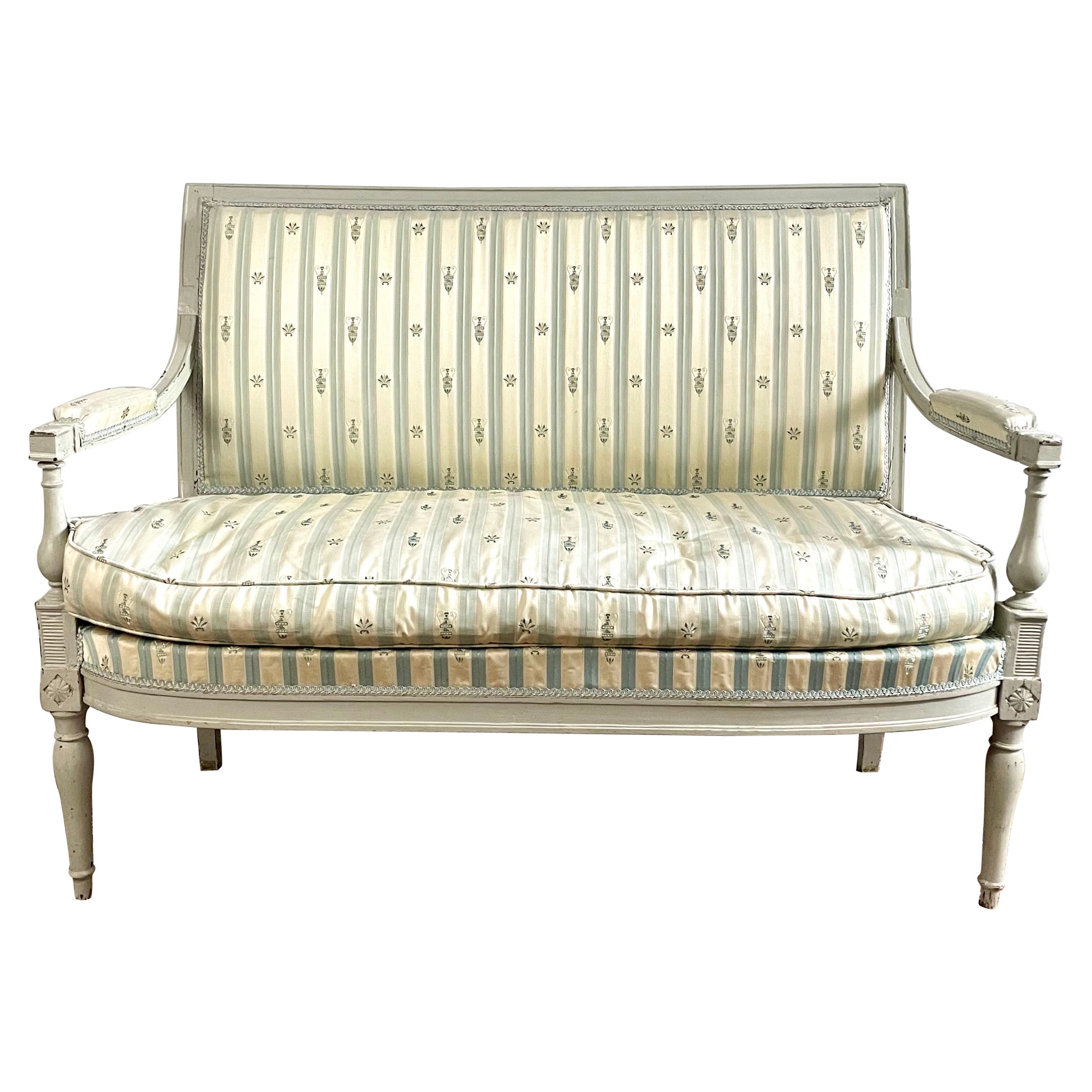 French Directoire Sofa Bench Silk Patterns Blue Gray White 18th
