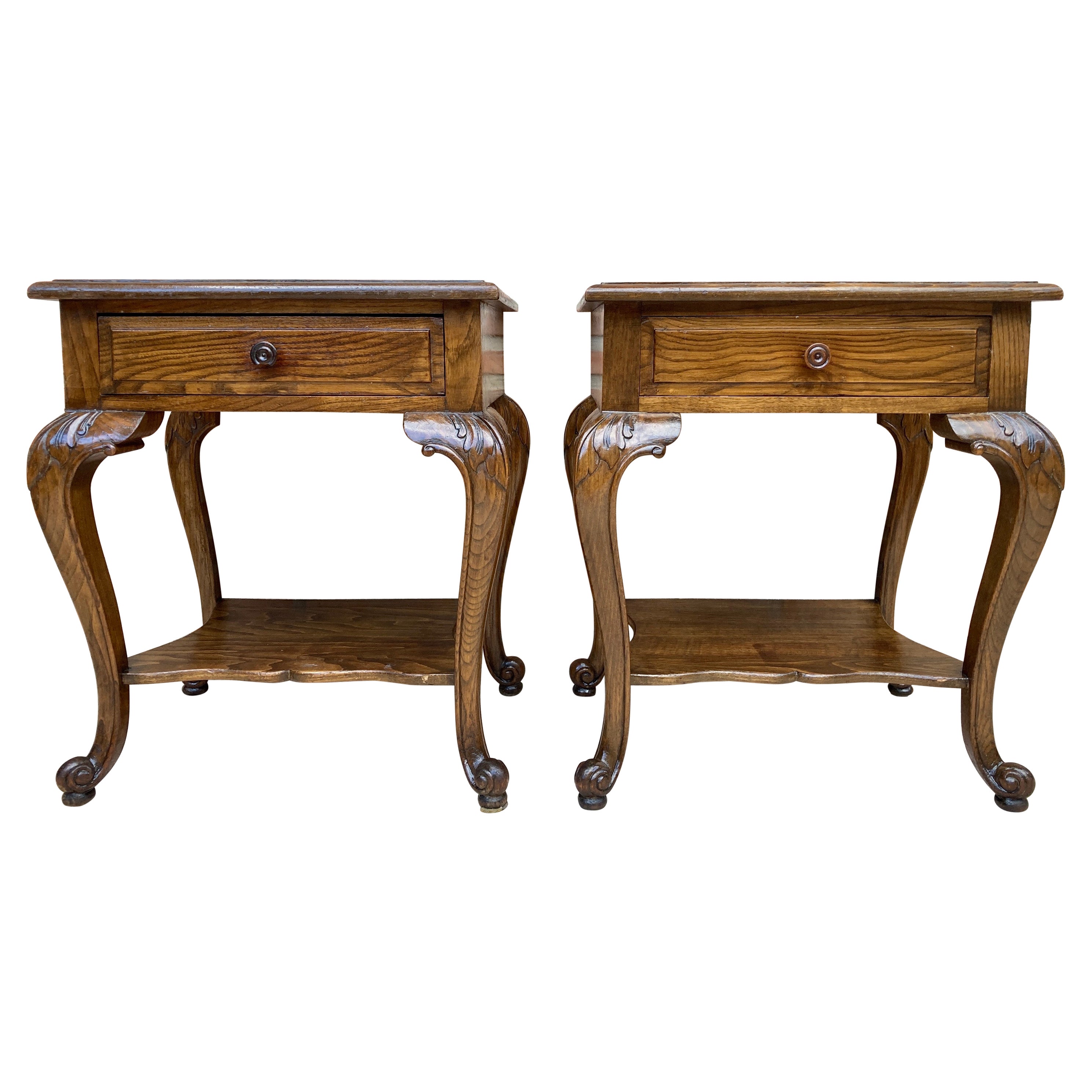 French Louis XV Style Walnut Bedside Tables with Drawer and Open Shelf, 1930s, S For Sale