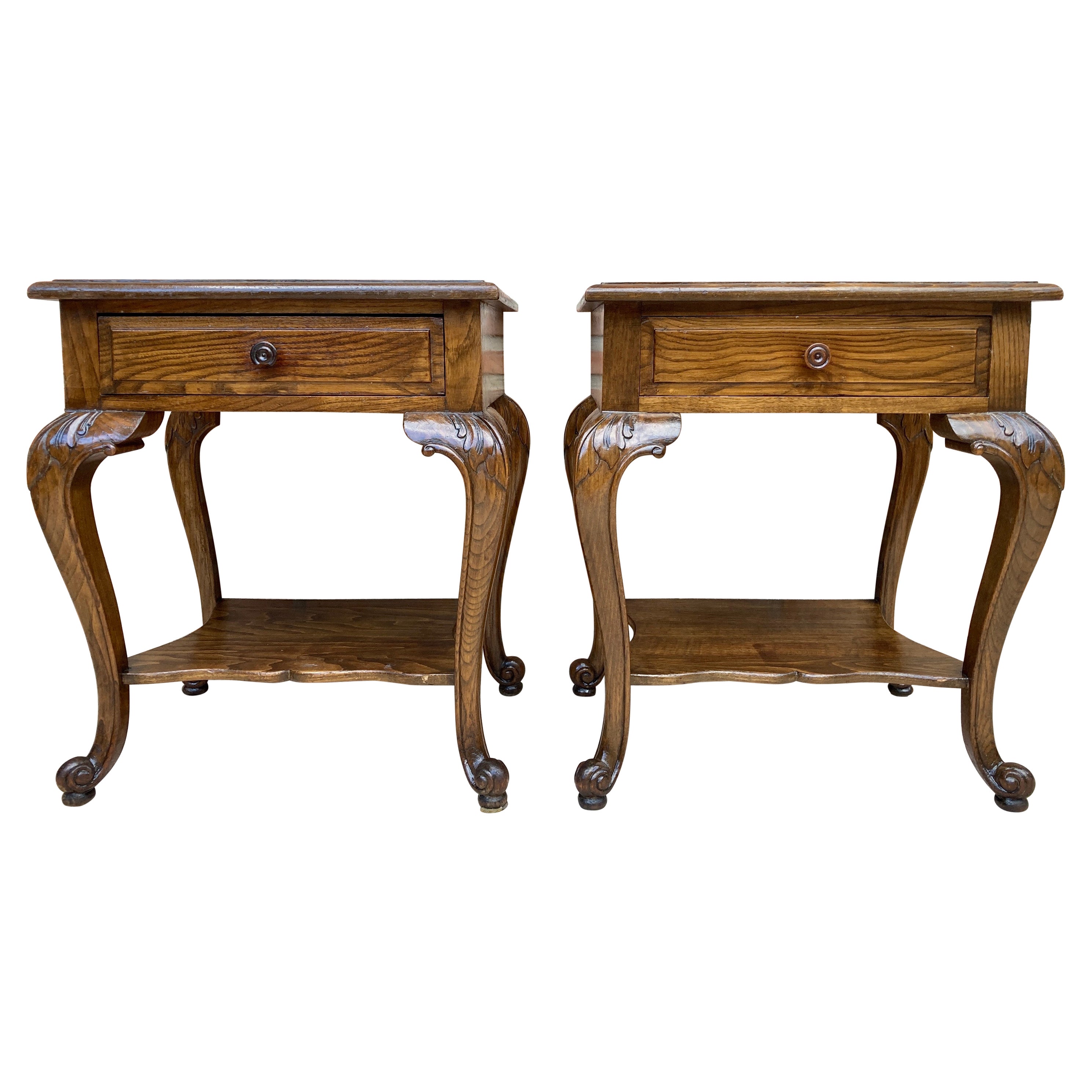 French Louis XV Style Walnut Bedside Tables with Drawer and Open Shelf, 1930s, S