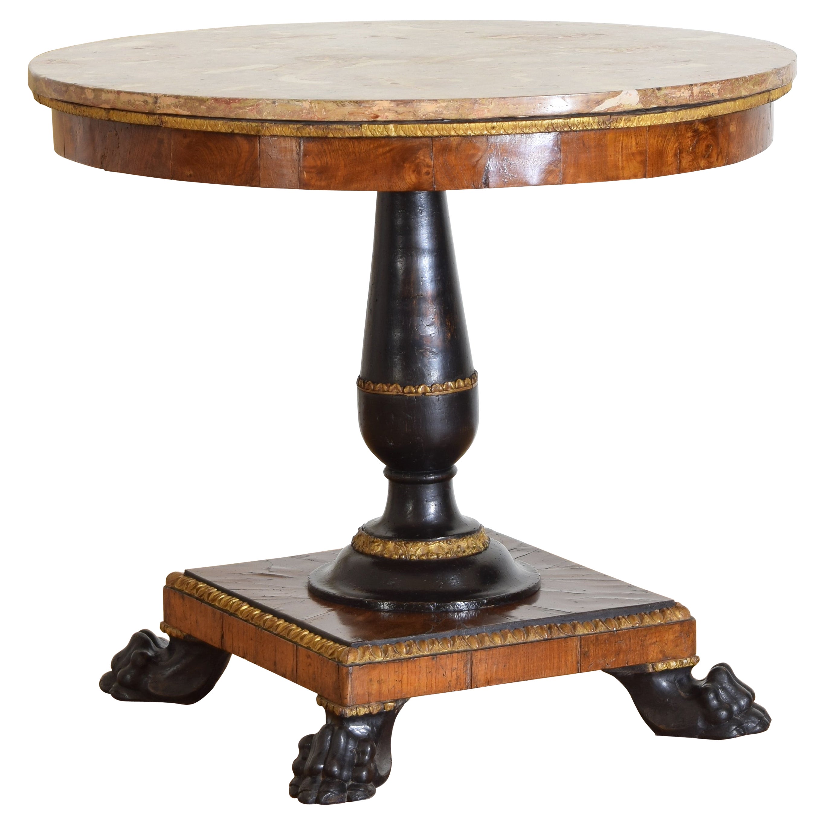 Italian, Lucca Empire Walnut Giltwood Ebonized 1-Drawer Center Table circa 1800 For Sale