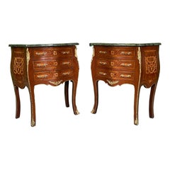 French Louis XV Style End Tables With Ormolu Trim and Green Marble Tops, a Pair