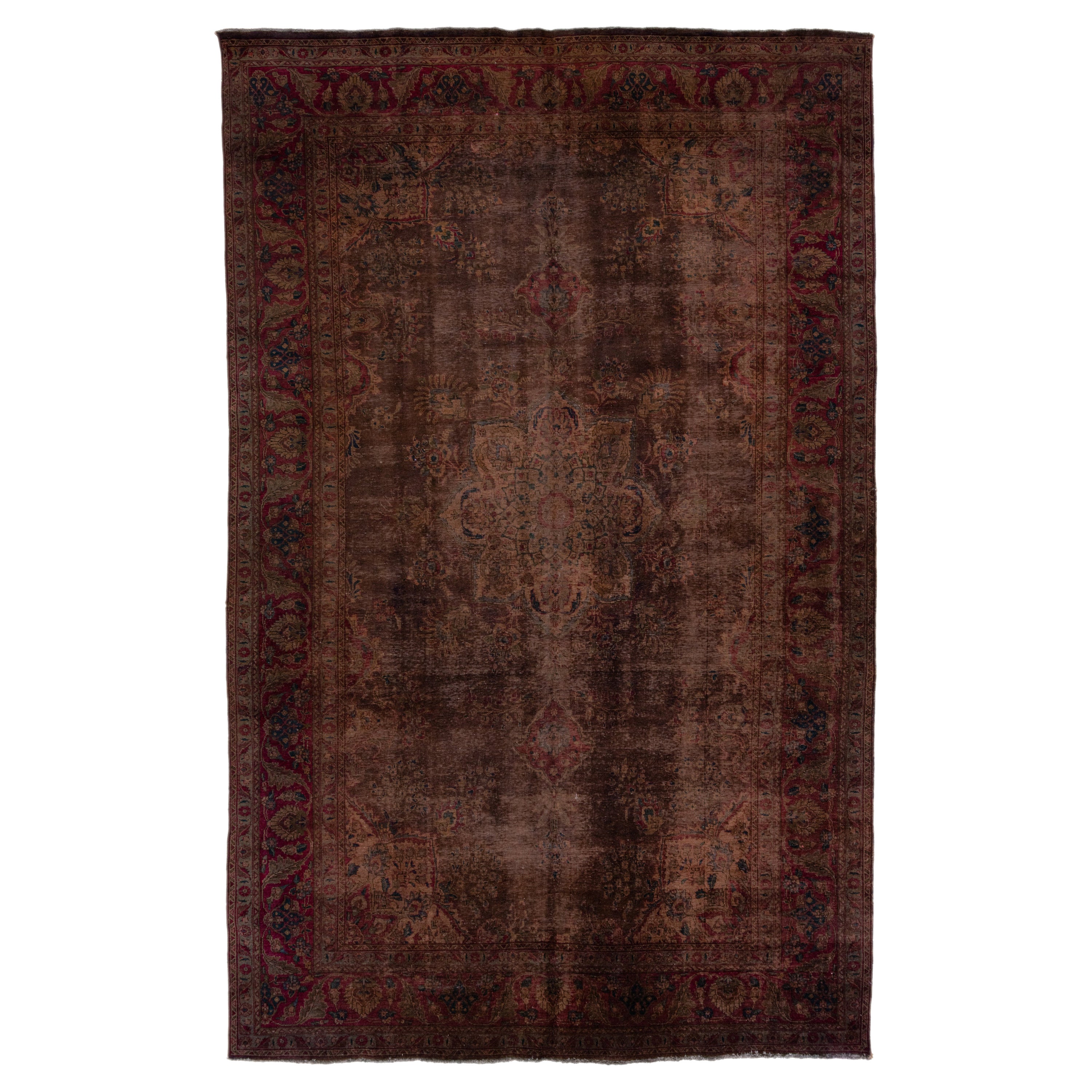 Medallion Vintage Overdyed Wool Rug Handmade in Brown For Sale