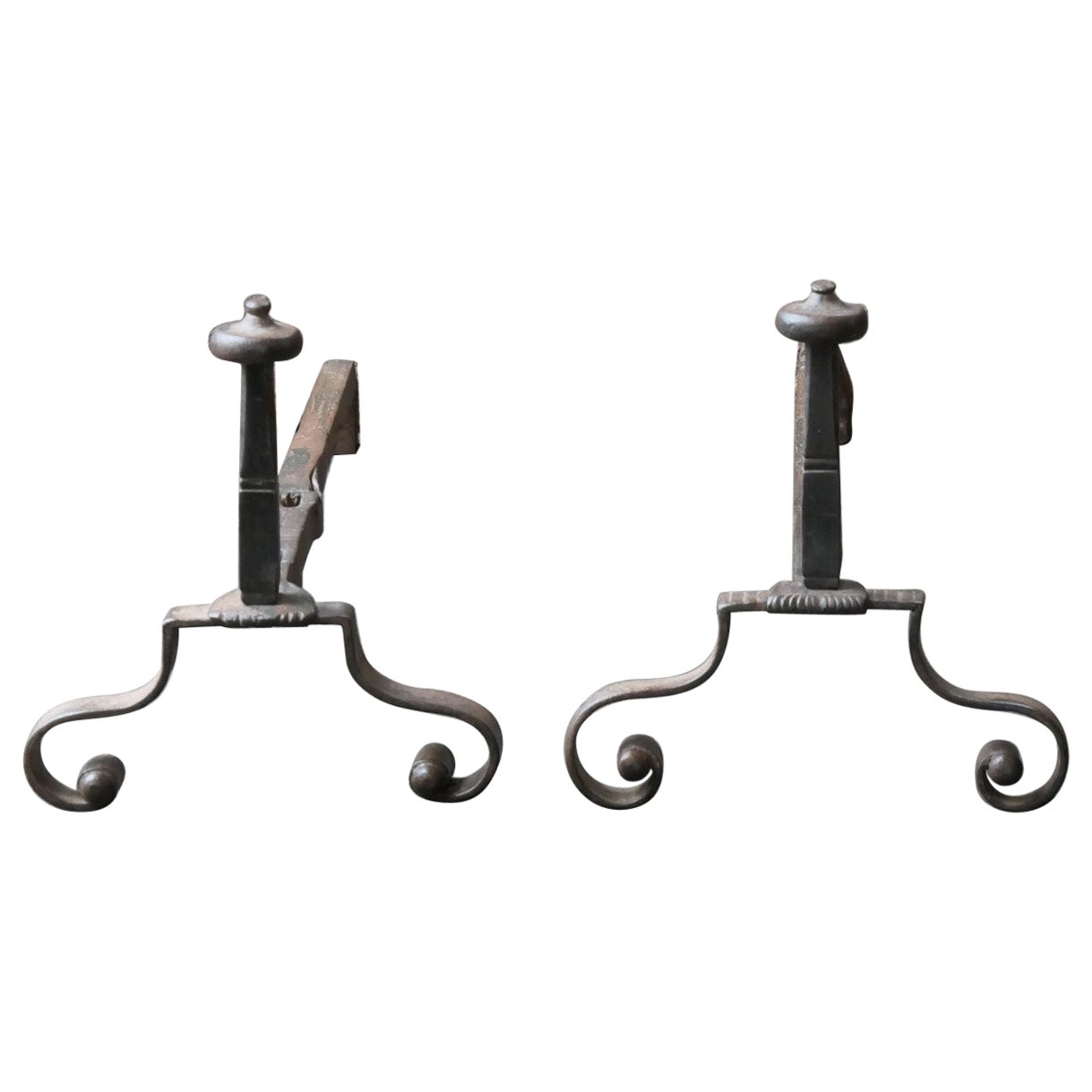 Antique 18th Century French Louis XV Iron Andirons For Sale