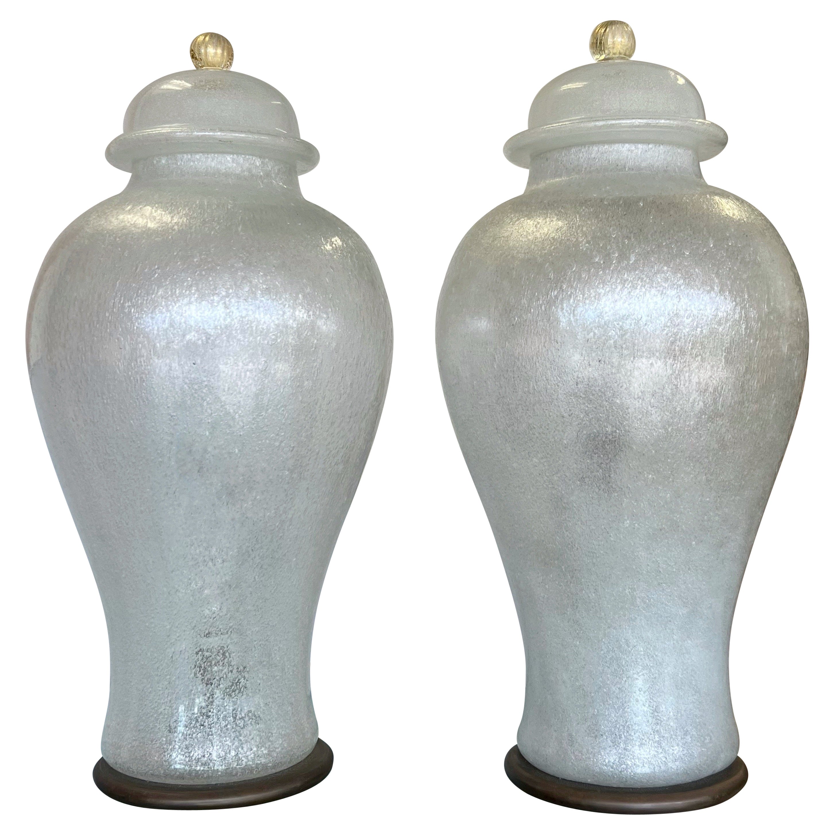 Monumental Seguso Murano Glass Pulegoso Lighted Urns Lamps