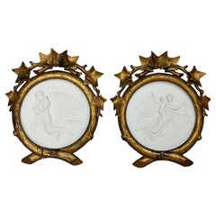 Antique Royal Copenhagen Gilded Age Bisque Plaques with Carved Wood Frames