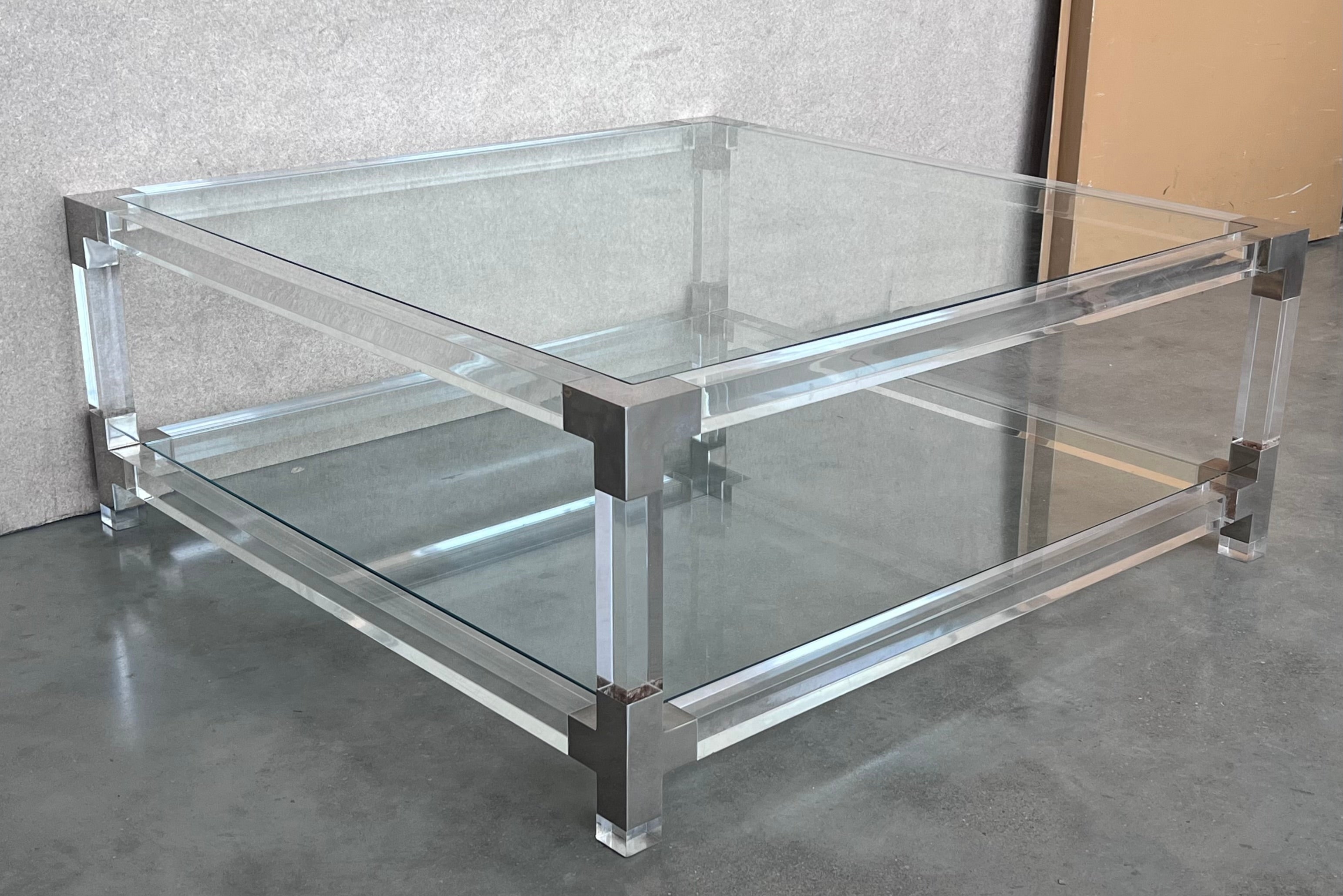 Pair of Midcentury Square Lucite Coffee Tables with Chromed Metal