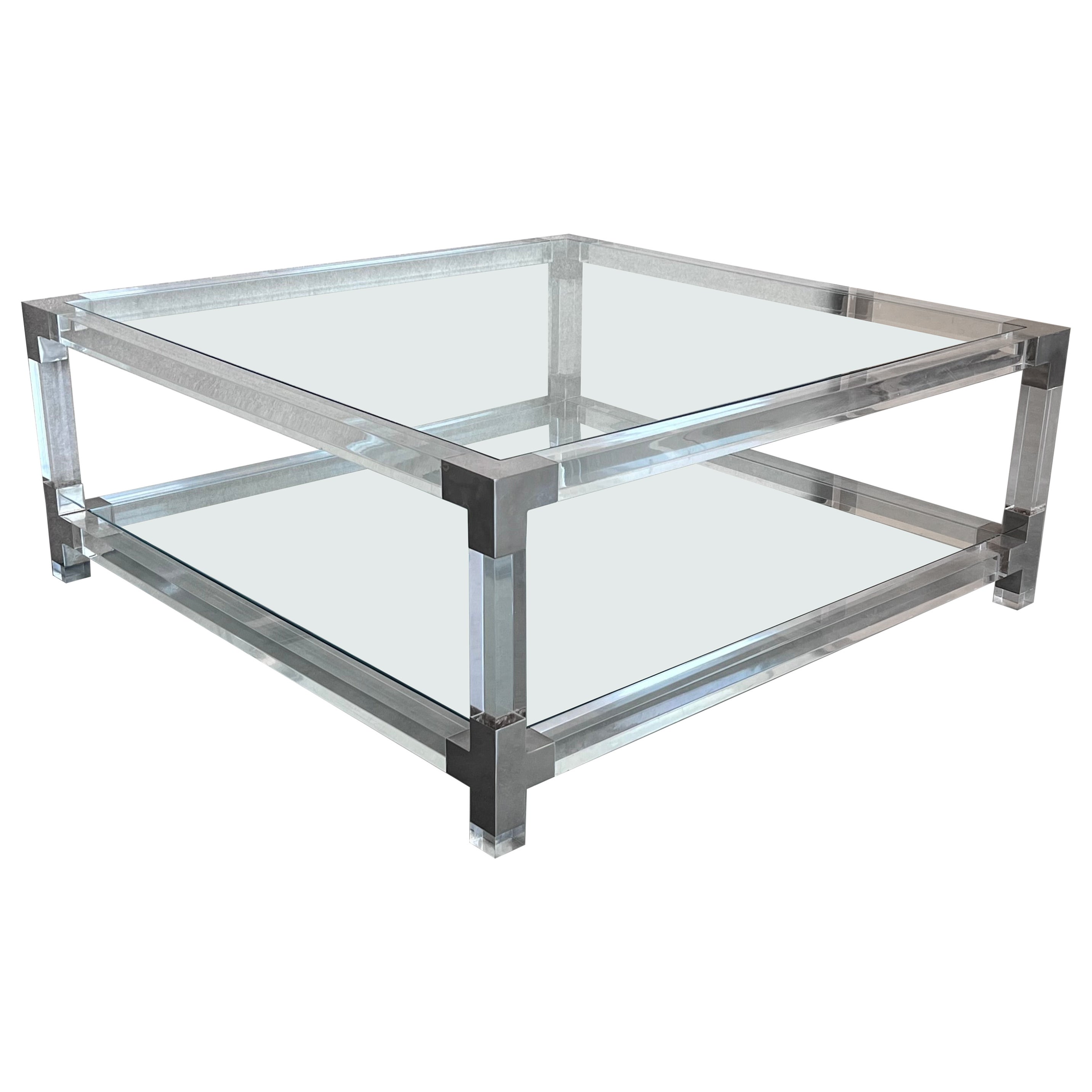 Midcentury Square Lucite Coffee Table with Chromed Metal Details For Sale