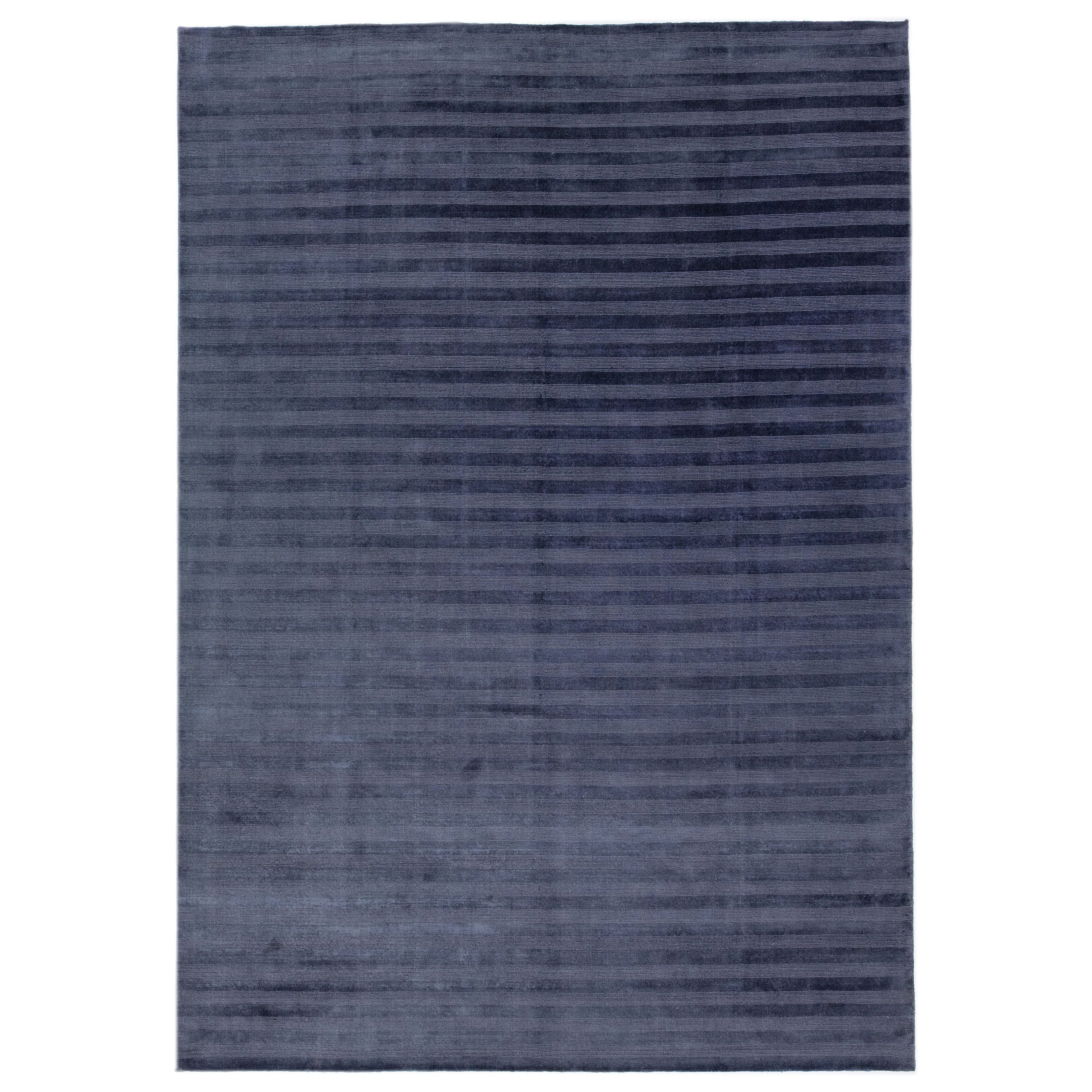 Modern Indian Handmade Solid Blue Room Size Wool Rug For Sale