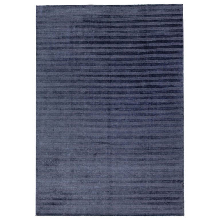 Modern Indian Handmade Solid Blue Room Size Wool Rug For Sale at 1stDibs