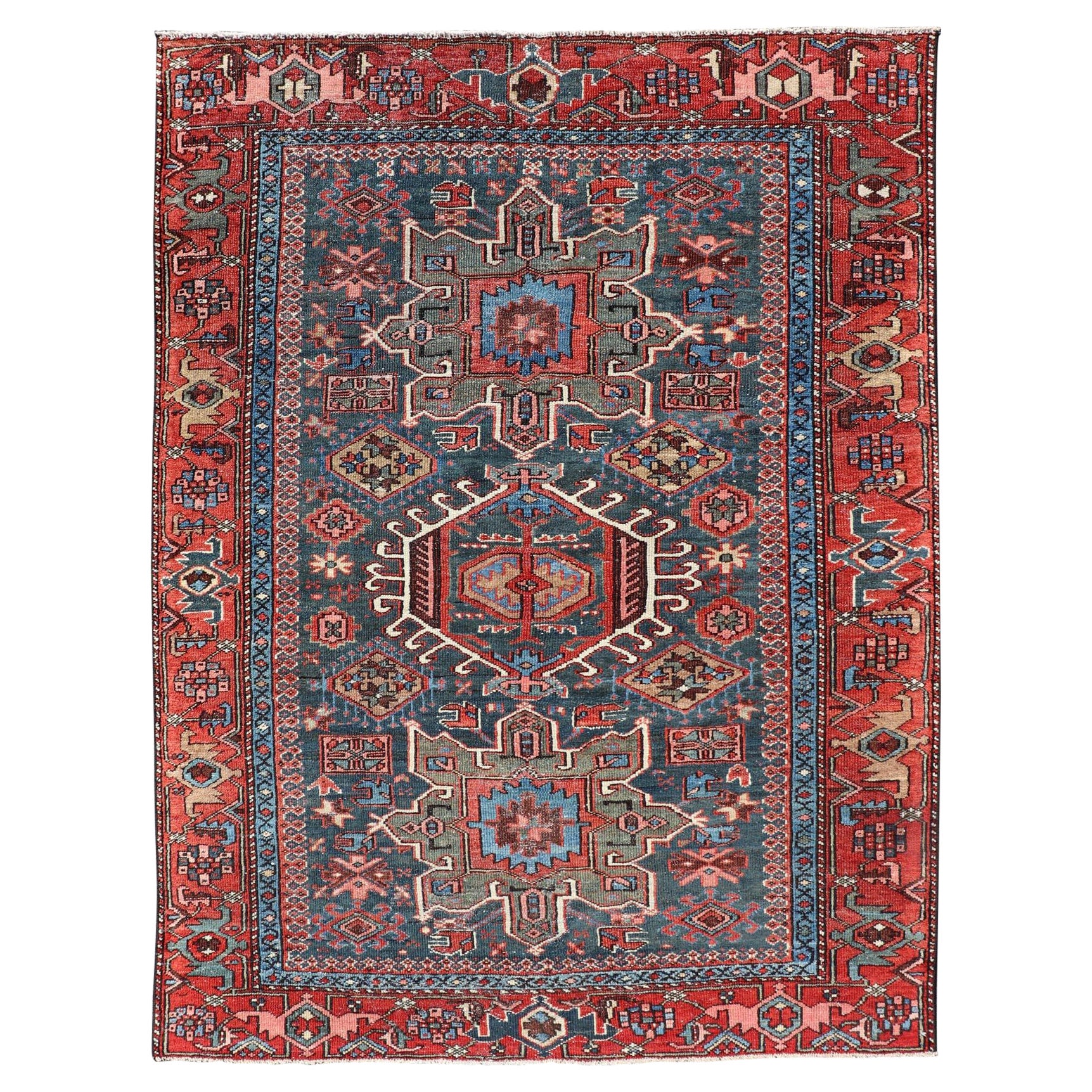 Antique Persian Karajeh Rug with Three Geometric Medallions in Red & Blue