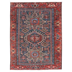 Antique Persian Karajeh Rug with Three Geometric Medallions in Red & Blue