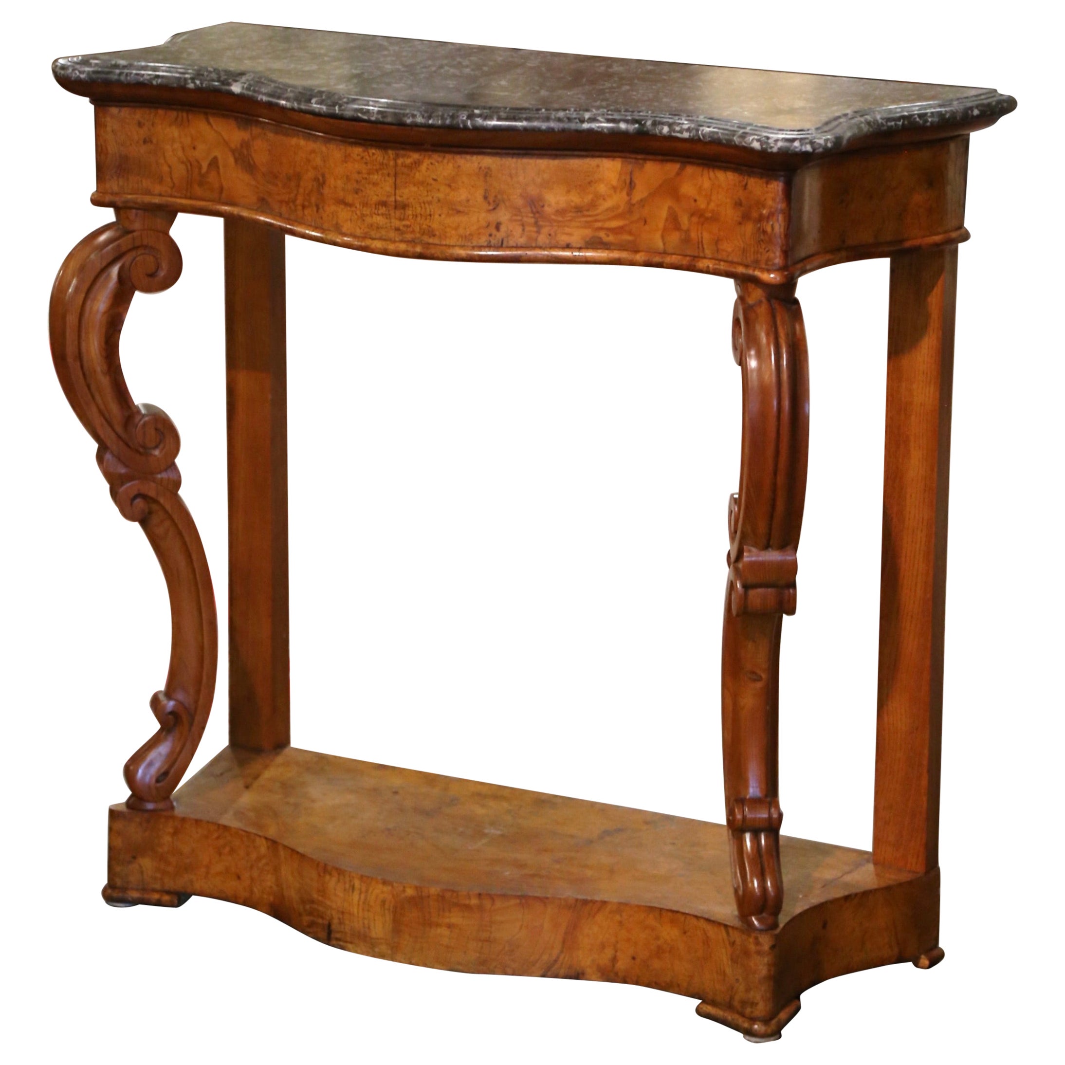 Table console française du 19ème siècle de style Napoléon III avec plateau en marbre et orme sculpté