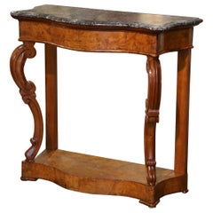 19th Century French Napoleon III Marble Top Carved Elm Console Table