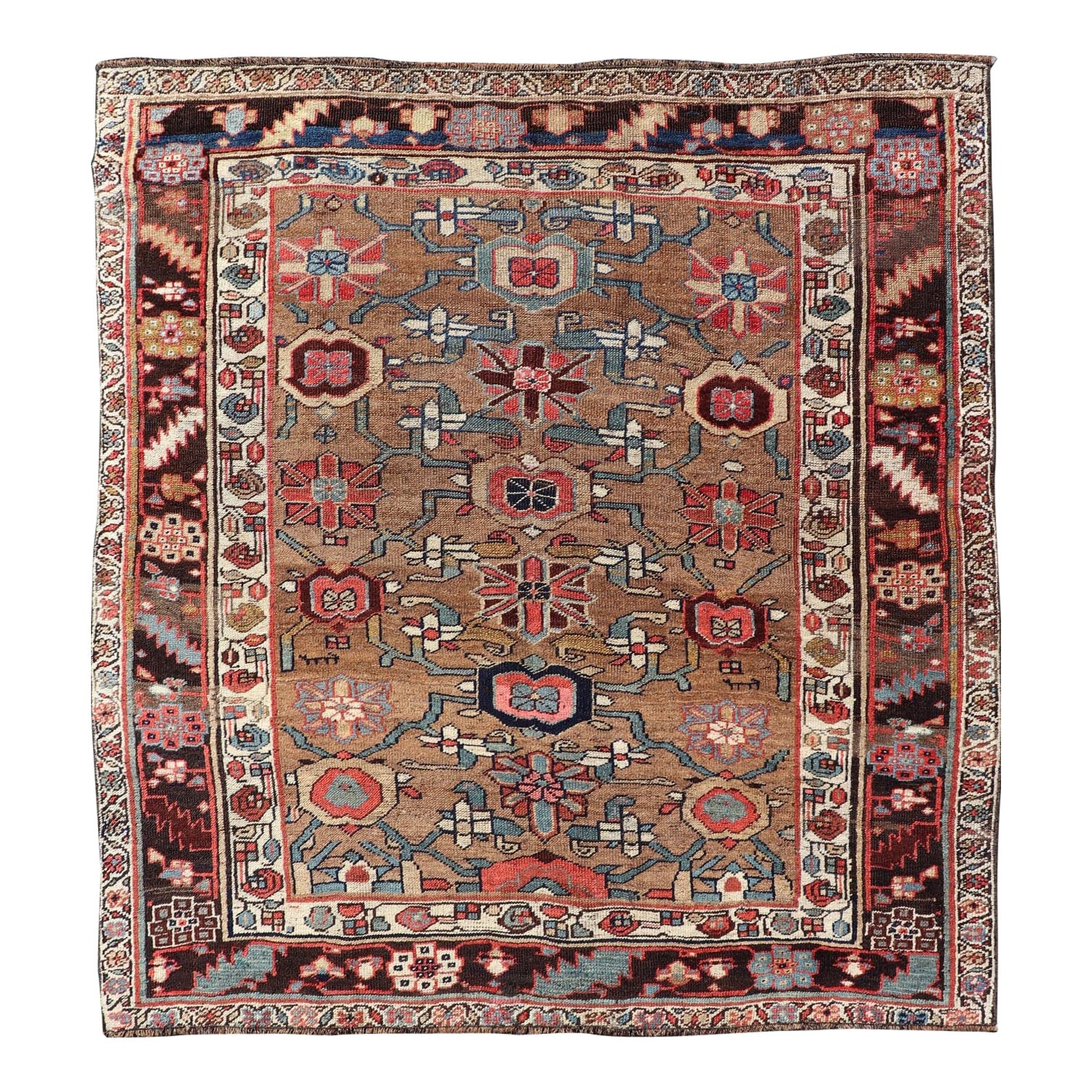Square Antique Persian Bidjar Rug with Floral Motifs in Brown, Tan, & Green For Sale