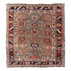 Square Antique Persian Bidjar Rug with Floral Motifs in Brown, Tan, & Green