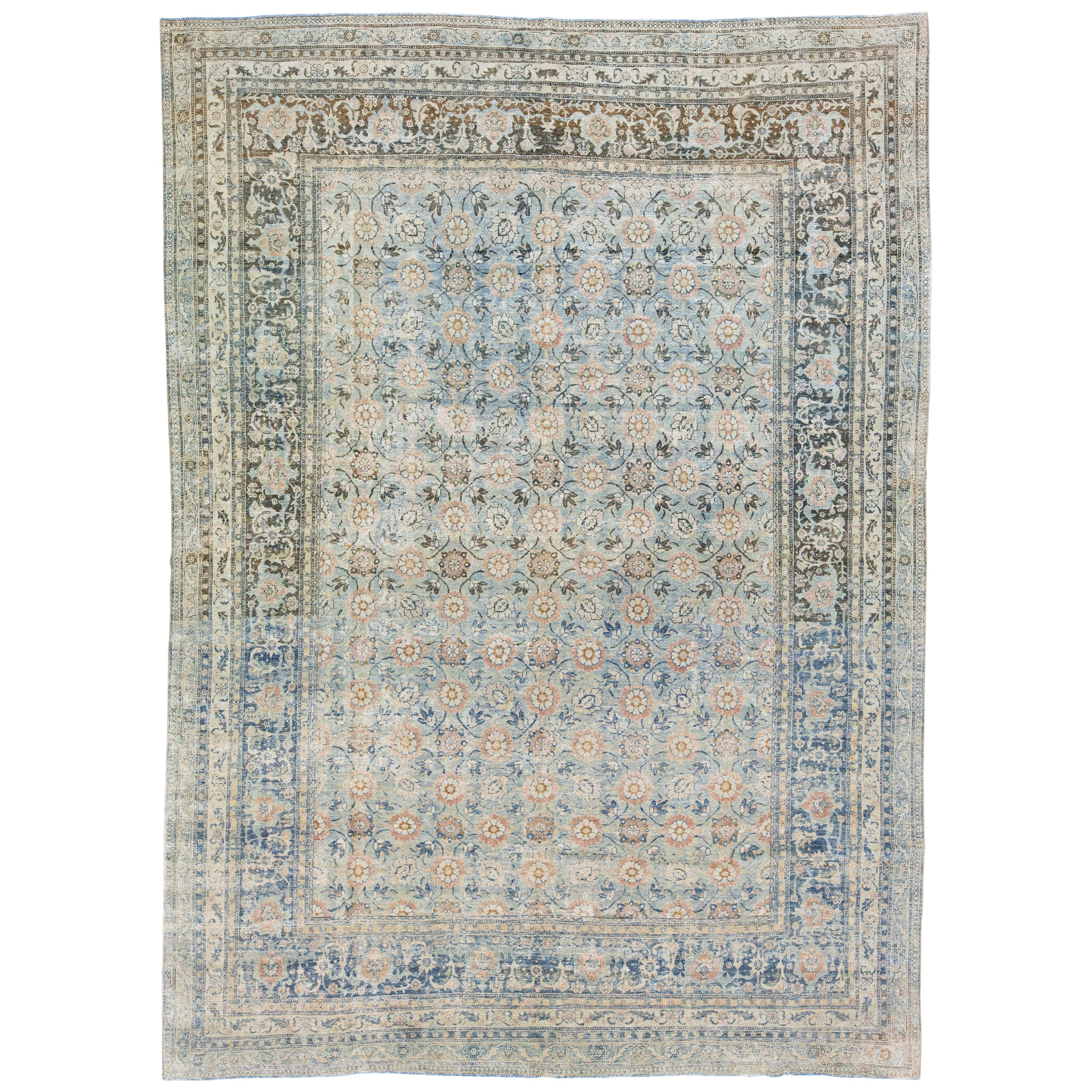 19th Century Antique Persian Tabriz Wool Rug Handmade Blue with Floral Motif For Sale