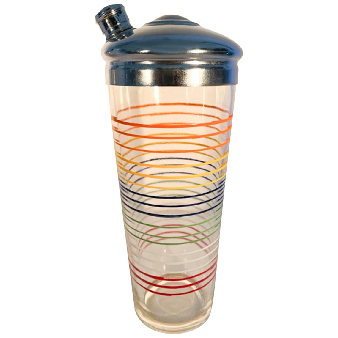 Art Deco Cocktail Shaker w/Bands of Brightly Colored Lines on Clear Glass For Sale
