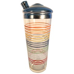 Art Deco Cocktail Shaker w/Bands of Brightly Colored Lines on Clear Glass