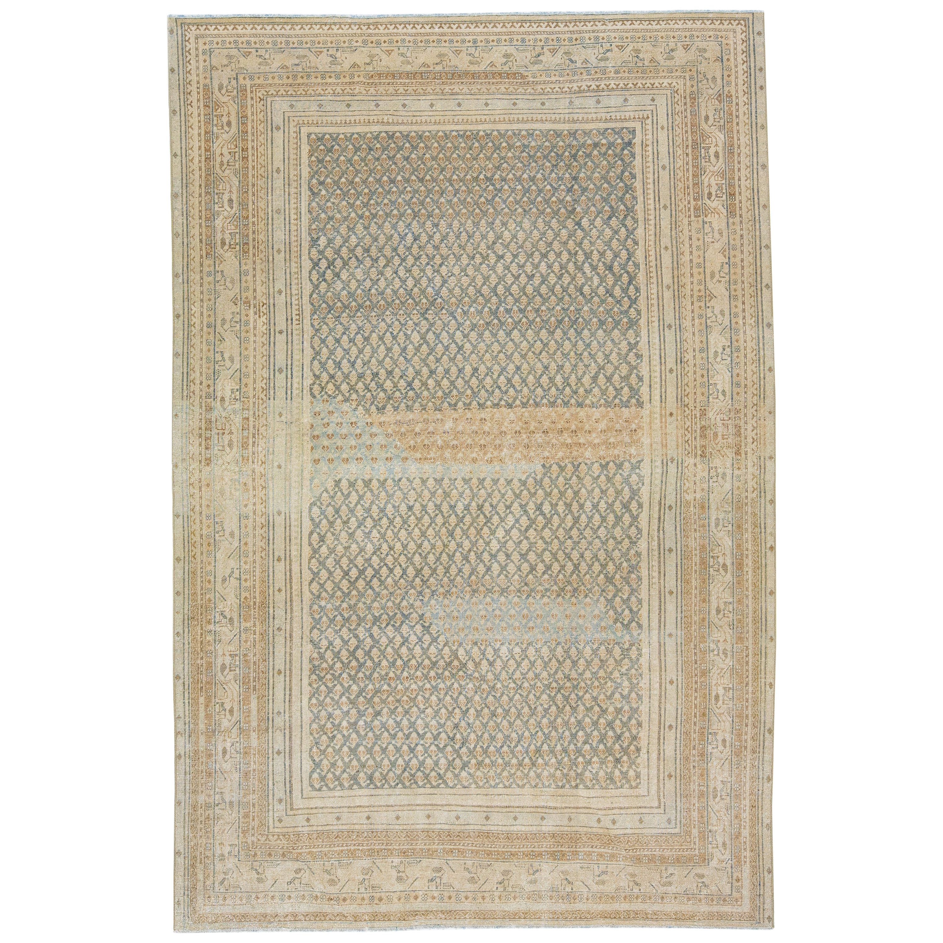 Beige Handmade Antique Hamadan Wool Rug with Allover Design