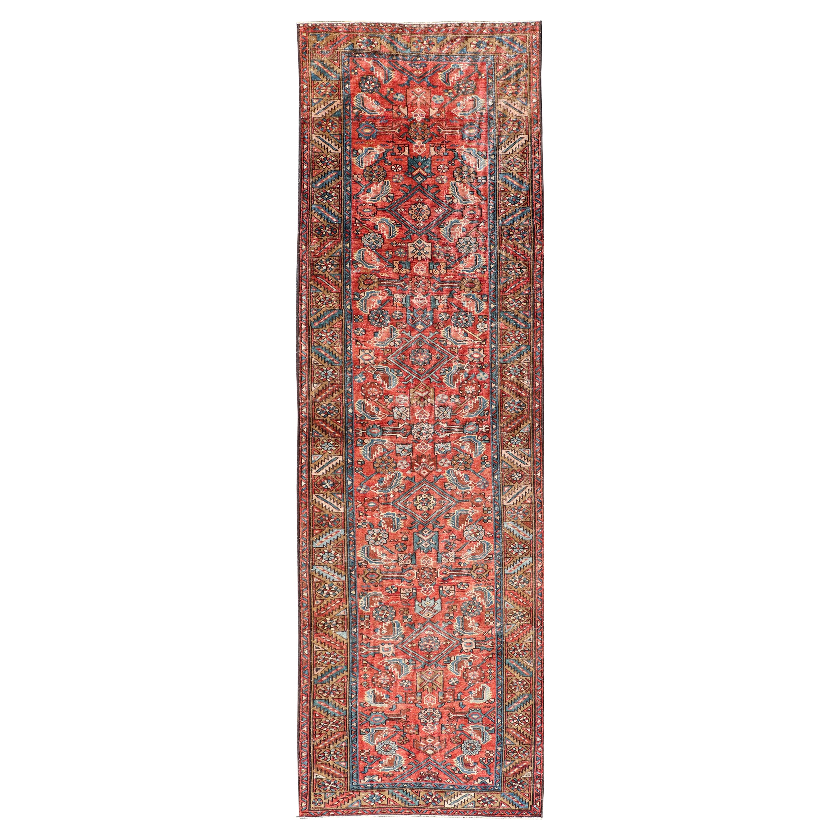Antique Persian Heriz Runner with Colorful All-Over Stylized Floral Design For Sale
