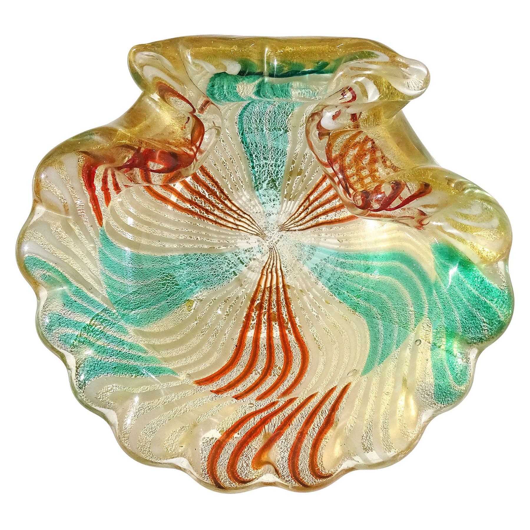 Murano Green White Orange Mosaic Gold Flecks Italian Art Glass Seashell Bowl For Sale