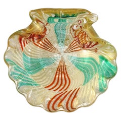 Murano Green White Orange Mosaic Gold Flecks Italian Art Glass Seashell Bowl