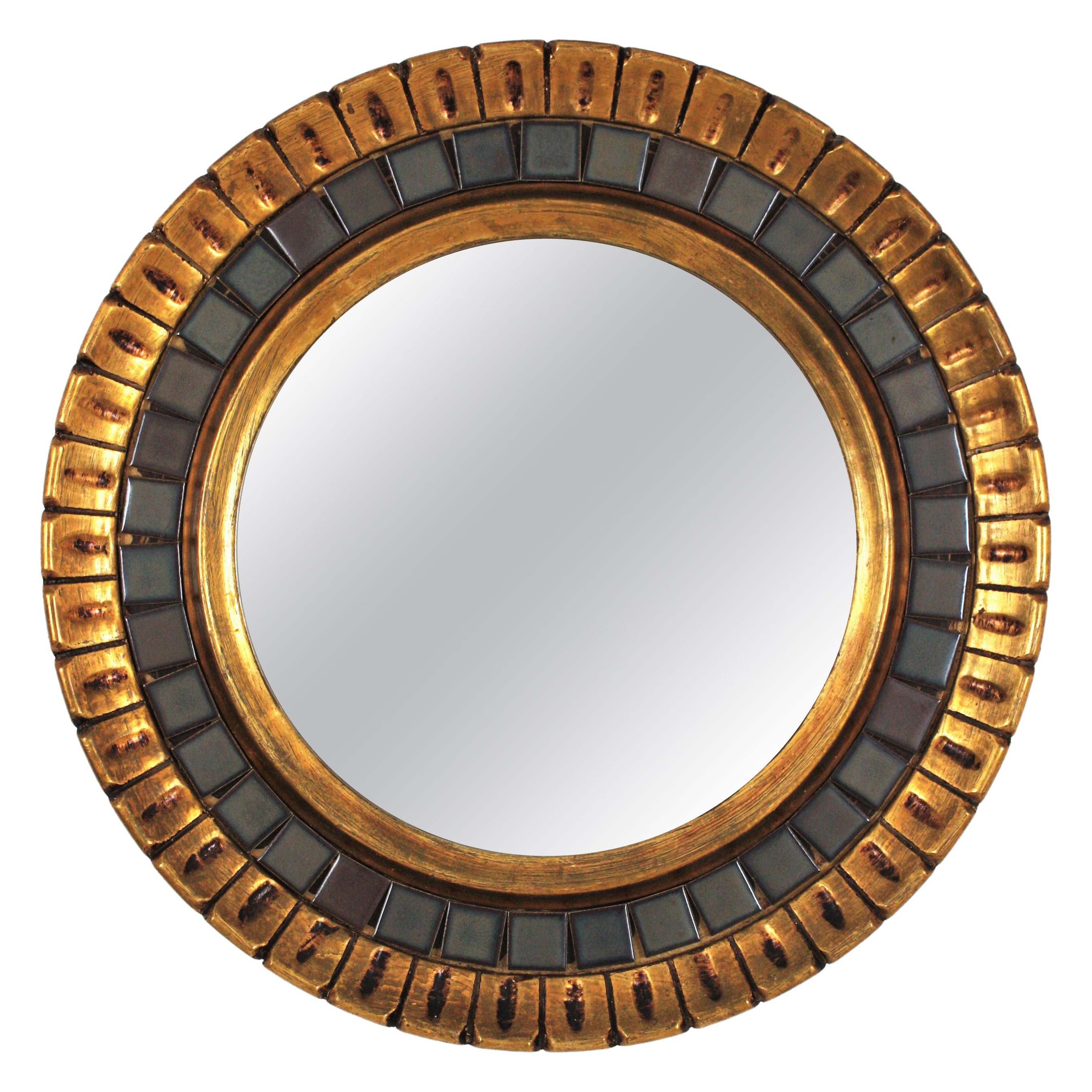 Midcentury Round Mirror, Giltwood and Ceramic For Sale
