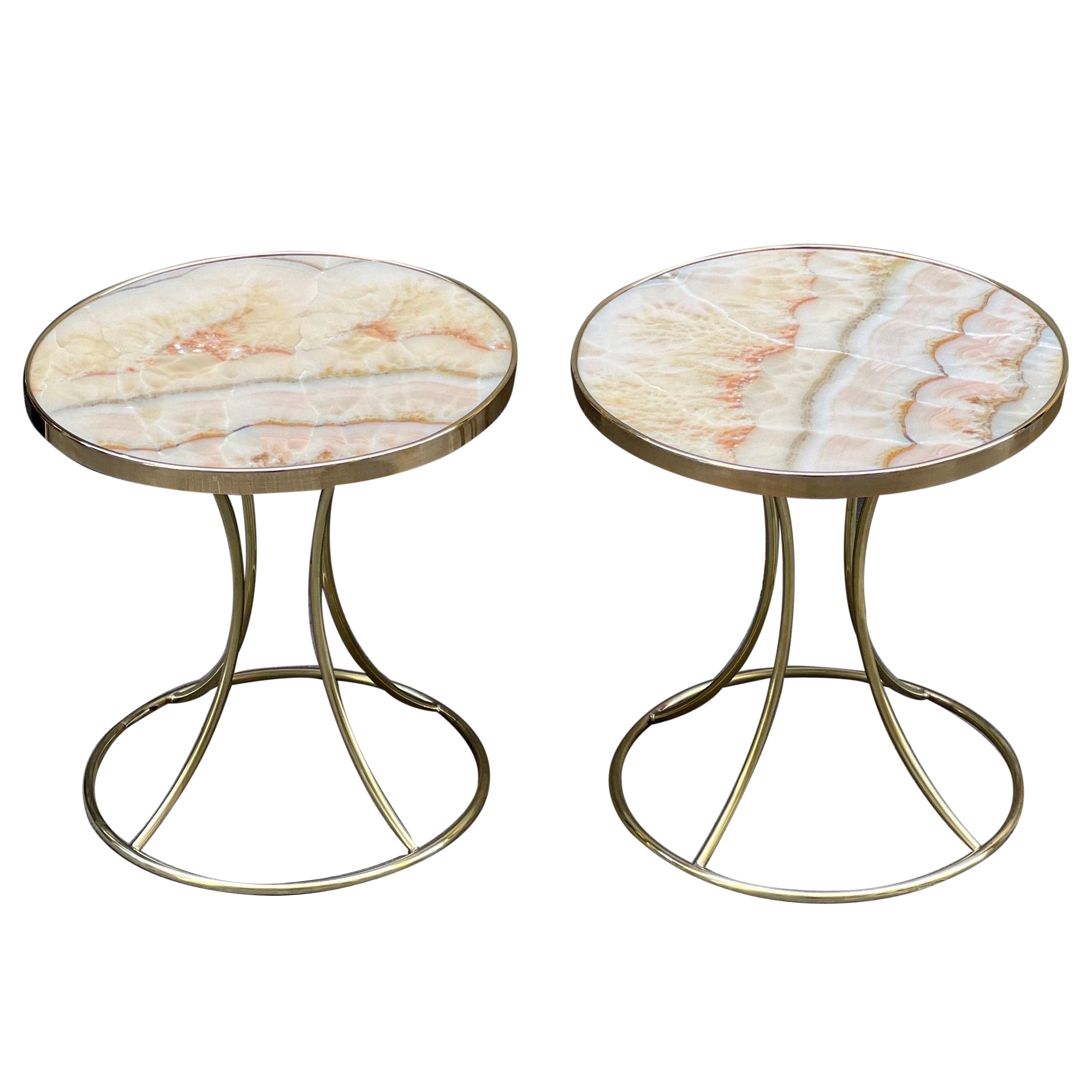 Pair of Vintage Italian Round Pink Onyx and Brass Tables, 1980