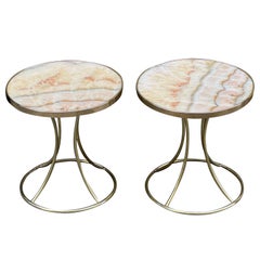 Pair of Vintage Italian Round Pink Onyx and Brass Tables, 1980