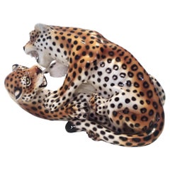 Vintage Hand Painted Ceramic Pair of Fighting Jaguars by Giovanni Ronzan, Italy