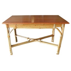 Restored Vintage Midcentury Rattan and Mahogany Dining Table