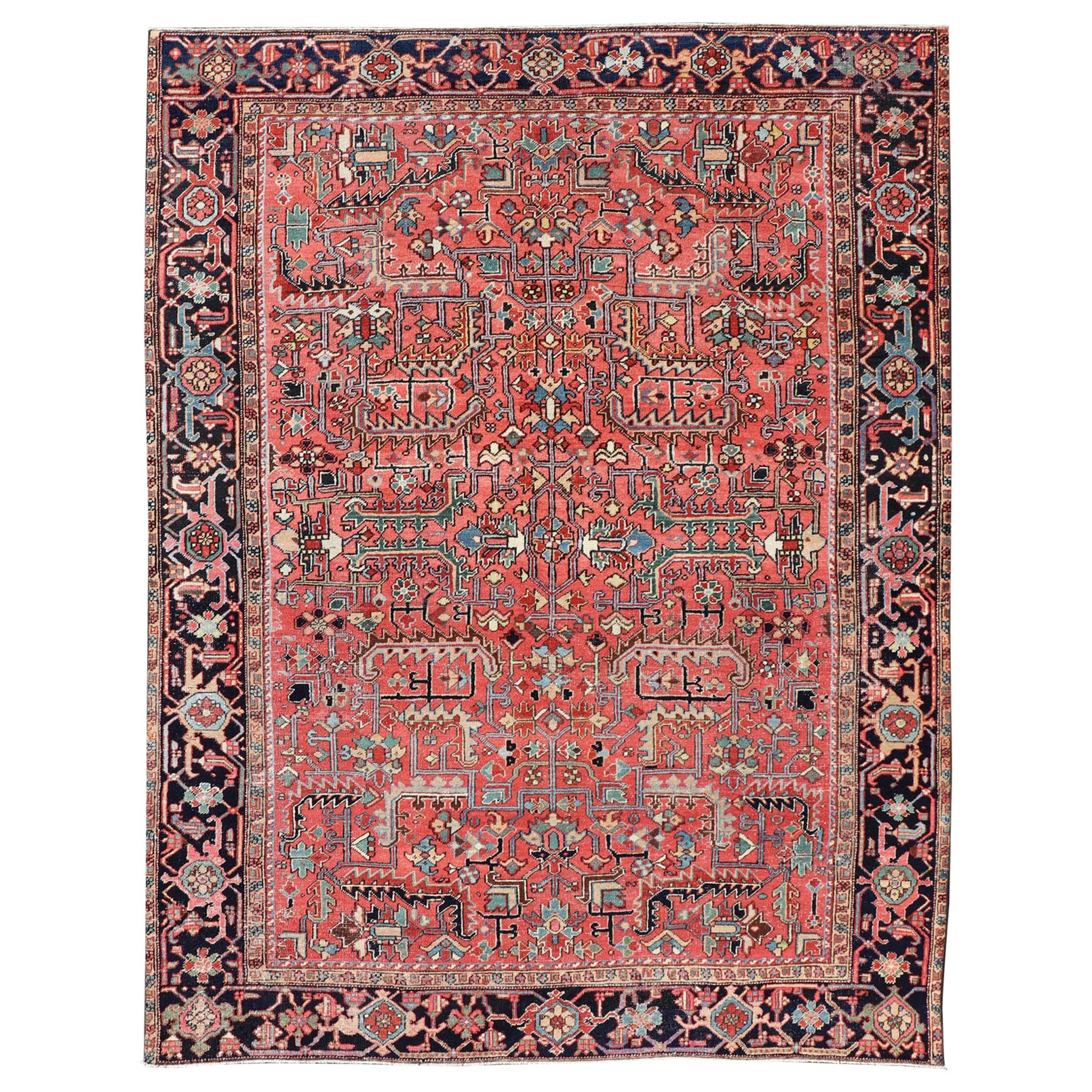 Persian Antique Heriz Rug with All-Over Geometric Design in Jewel Tones